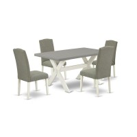 East West Furniture 5-Piece Modern Rectangular Table Set A Good Cement Color Kitchen Table Top And 4 Lovely Linen Fabric Padded Chairs With Nail Heads And Stylish Chair Back, Linen White Finish