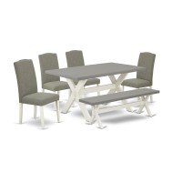 East West Furniture 6-Piece Stylish Rectangular Dining Room Table Set A Superb Cement Color Kitchen Table Top And Cement Color Dining Bench - 4 Wonderful Padded Chairs Around Nail Heads And Stylish Ch