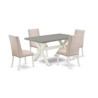 East West Furniture X096Fl201-5 5-Piece Beautiful Rectangular Dining Room Table Set An Outstanding Cement Color Kitchen Table Top And 4 Attractive Linen Fabric Parson Chairs With Nail Heads And Stylis