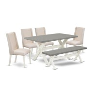 East West Furniture X096Fl201-6 6-Piece Awesome Rectangular Dining Room Table Set With Premium Quality Cement Color Wood Table Top And Cement Color Small Bench And 4 Beautiful Parson Dining Room Chair