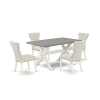 East West Furniture 5-Pc Dining Table Set- 4 Dining Padded Chairs With Doeskin Linen Fabric Seat And Button Tufted Chair Back - Rectangular Table Top & Wooden Cross Legs - Cement And Linen White Finis