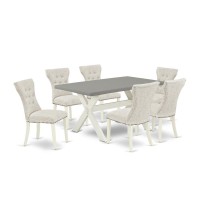 East West Furniture 7-Pc Dining Room Table Set- 6 Parson Dining Room Chairs With Doeskin Linen Fabric Seat And Button Tufted Chair Back - Rectangular Table Top & Wooden Cross Legs - Cement And Linen W