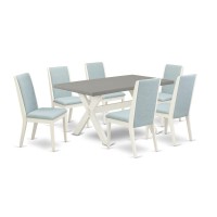 East West Furniture X096La015-7 7Pc Modern Dining Table Set Includes A Dinette Table And 6 Parson Chairs With Baby Blue Color Linen Fabric, Medium Size Table With Full Back Chairs, Wirebrushed Linen W