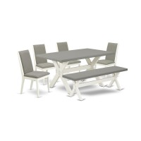 East West Furniture X096La206-6 6-Piece Fashionable Modern Dining Table Set A Superb Cement Color Kitchen Table Top And Cement Color Bench And 4 Gorgeous Linen Fabric Dining Chairs With Stylish Chair