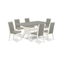 East West Furniture X096La206-7 7-Piece Modern Dining Room Table Set A Good Cement Color Wood Dining Table Top And 6 Wonderful Linen Fabric Kitchen Chairs With Stylish Chair Back, Linen White Finish