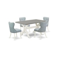 East West Furniture X096Si215-5 5-Pc Kitchen Dining Room Set- 4 Parson Dining Room Chairs With Baby Blue Linen Fabric Seat And Button Tufted Chair Back - Rectangular Table Top & Wooden Cross Legs - Ce
