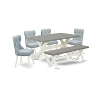 East West Furniture X096Si215-6 6-Piece Dining Room Table Set- 4 Dining Padded Chairs With Baby Blue Linen Fabric Seat And Button Tufted Chair Back - Rectangular Top & Wooden Cross Legs Kitchen Dining