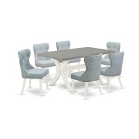 East West Furniture X096Si215-7 7-Pc Kitchen Dining Room Set- 6 Kitchen Parson Chairs With Baby Blue Linen Fabric Seat And Button Tufted Chair Back - Rectangular Table Top & Wooden Cross Legs - Cement