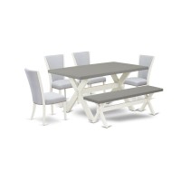 East West Furniture X096Ve005-6 6 Piece Dining Table Set - 4 Grey Linen Fabric Dining Room Chair With Nailheads And Cement Kitchen Table - 1 Small Bench - Wire Brushed Linen White Finish