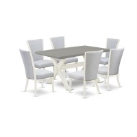 East West Furniture 7-Pc Modern Dining Table Set Consists Of 6 Mid Century Modern Dining Chairs With Upholstered Seat -Rectangular Wood Dining Table - Cement And Wirebrushed Linen White Finish