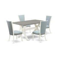 East West Furniture X096Ve215-5 5 Piece Dining Table Set - 4 Baby Blue Linen Fabric Parson Dining Chairs With Nailheads And Cement Wooden Dining Table - Linen White Finish