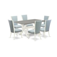 East West Furniture X096Ve215-7 7 Piece Dining Room Table Set - 6 Baby Blue Linen Fabric Parson Dining Chairs With Nailheads And Cement Mid Century Dining Table - Linen White Finish