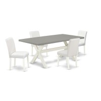 East West Furniture X097Ab264-5 5-Piece Stylish Dining Room Table Set An Excellent Cement Color Dining Room Table Top And 4 Lovely Pu Leather Kitchen Parson Chairs With Stylish Chair Back, Linen White