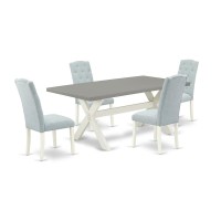 East West Furniture 5-Pc Dining Table Set- 4 Parson Chairs With Baby Blue Linen Fabric Seat And Button Tufted Chair Back - Rectangular Table Top & Wooden Cross Legs - Cement And Linen White Finish