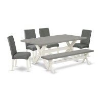 East West Furniture X097Dr207-6 6-Pc Dinette Set - 4 Kitchen Parson Chairs, A Dining Table Bench Cement Top And 1 Modern Cement Dining Table Top With High Chair Back - Linen White Finish