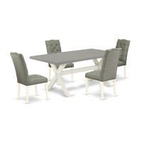 East West Furniture 5-Piece Dining Room Table Set- 4 Padded Parson Chairs With Smoke Linen Fabric Seat And Button Tufted Chair Back - Rectangular Table Top & Wooden Cross Legs - Cement And Linen White