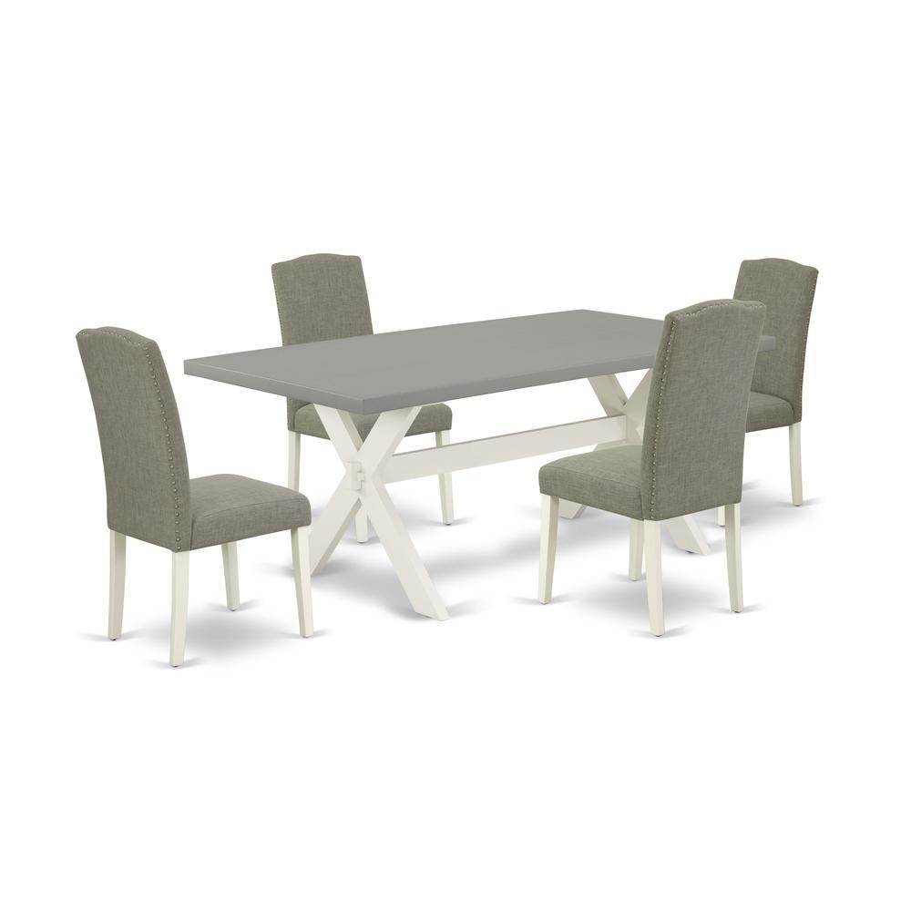 East West Furniture 5-Piece Modern Dining Table Set An Excellent Cement Color Rectangular Table Top And 4 Excellent Linen Fabric Dining Chairs With Nail Heads And Stylish Chair Back, Linen White Finis