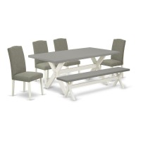 East West Furniture 6-Piece Awesome Dining Table Set An Outstanding Cement Color Wood Table Top And Cement Color Bench And 4 Wonderful Linen Fabric Solid Wood Leg Chairs With Nail Heads And Stylish Ch