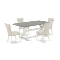 East West Furniture 5-Piece Dinette Set- 4 Parson Dining Chairs With Doeskin Linen Fabric Seat And Button Tufted Chair Back - Rectangular Table Top & Wooden Cross Legs - Cement And Linen White Finish