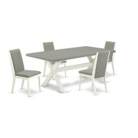 East West Furniture X097La206-5 5-Piece Fashionable Dining Room Table Set A Superb Cement Color Wood Table Top And 4 Linen Fabric Wonderful Padded Chairs With Stylish Chair Back, Linen White Finish