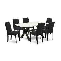 East West Furniture 7-Piece Dinette Set Includes 6 Dining Room Chairs With Upholstered Seat And High Back And A Rectangular Dining Room Table - Black Finish