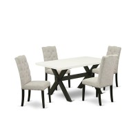 East West Furniture 5-Piece Kitchen Dinette Set Included 4 Parson Chairs Upholstered Nails Head Seat And High Button Tufted Chair Back And Rectangular Mid Century Dining Table With Linen White Dining