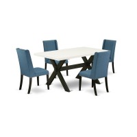 East West Furniture X626Fl121-5 5-Piece Stylish Rectangular Dining Room Table Set A Good Linen White Wood Table Top And 4 Amazing Linen Fabric Kitchen Chairs With Nail Heads And Stylish Chair Back, Wi