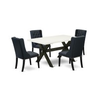 East West Furniture X626Fo624-5 5 Piece Dining Table Set Includes 4 Black Linen Fabric Padded Chair With Button Tufted And Linen White Dining Room Table - Wire Brush Black Finish