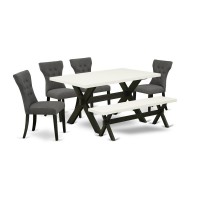 East West Furniture 6-Pc Dining Room Table Set-Dark Gotham Grey Linen Fabric Seat And Button Tufted Chair Back Kitchen Chairs, A Rectangular Bench And Rectangular Top Wood Kitchen Table With Wooden Le