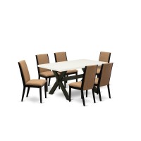 East West Furniture X626La147-7 7-Piece Gorgeous A Good Linen White Dining Table Top And 6 Awesome Linen Fabric Parson Dining Chairs With Stylish Chair Back, Wire Brushed Black Finish