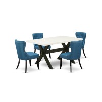 East West Furniture X626Si121-5 5-Piece Dining Room Table Set- 4 Parson Dining Room Chairs With Blue Linen Fabric Seat And Button Tufted Chair Back - Rectangular Table Top & Wooden Cross Legs - Linen