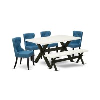 East West Furniture X626Si121-6 6-Piece Dining Table Set- 4 Upholstered Dining Chairs With Blue Linen Fabric Seat And Button Tufted Chair Back - Rectangular Top & Wooden Cross Legs Dining Table And Di