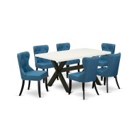 East West Furniture X626Si121-7 7-Pc Dining Table Set- 6 Parson Chairs With Blue Linen Fabric Seat And Button Tufted Chair Back - Rectangular Table Top & Wooden Cross Legs - Linen White And Black Fini