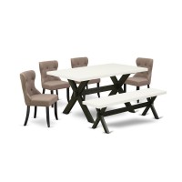 East West Furniture 6-Pc Kitchen Dinette Set-Coffee Linen Fabric Seat And Button Tufted Back Dining Chairs And Rectangular Top Living Room Table And Wooden Bench With Wood Legs - Linen White And Wireb