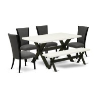 East West Furniture X626Ve650-6 6 Piece Kitchen Table Set - 4 Dark Gotham Grey Linen Fabric Chairs For Dining Room With Nailheads And Linen White Wooden Dining Table - 1 Modern Bench - Black Finish