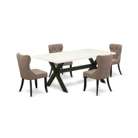East West Furniture 5-Pc Wood Dining Table Set-Coffee Linen Fabric Seat And Button Tufted Back Kitchen Chairs And Rectangular Top Dining Table With Wood Legs - Linen White And Wirebrushed Black Finish