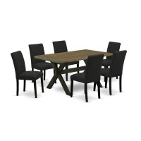 East West Furniture 7-Pc Kitchen Dining Table Set Includes 6 Dining Chairs With Upholstered Seat And High Back And A Rectangular Dinner Table - Black Finish