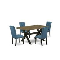 East West Furniture X676El121-5 5-Piece Awesome Dining Table Set An Excellent Distressed Jacobean Dining Table Top And 4 Beautiful Linen Fabric Kitchen Chairs With Nail Heads And Button Tufted Chair B