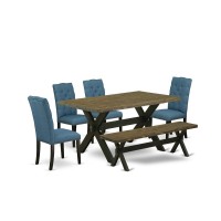 East West Furniture X676El121-6 6-Piece Awesome Dining Room Set An Excellent Distressed Jacobean Rectangular Dining Table Top And Distressed Jacobean Bench And 4 Amazing Linen Fabric Parson Dining Cha