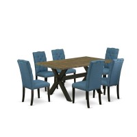 East West Furniture X676El121-7 7-Piece Stylish Dining Set An Outstanding Distressed Jacobean Wood Dining Table Top And 6 Wonderful Linen Fabric Dining Chairs With Nail Heads And Button Tufted Chair B