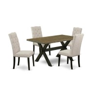 East West Furniture 5-Piece Kitchen Dining Table Set Included 4 Parson Dining Chairs Upholstered Seat And High Button Tufted Chair Back And Rectangular Kitchen Dining Table With Distressed Jacobean Mi