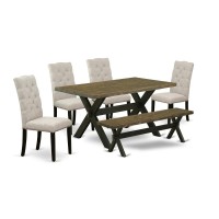 East West Furniture 6-Pc Dining -Doeskin Linen Fabric Seat And Button Tufted Chair Back Parson Dining Room Chairs, A Rectangular Bench And Rectangular Top Mid Century Dining Table With Wood Legs - Dis