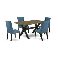 East West Furniture X676Fl121-5 5-Piece Fashionable Dining Room Table Set A Good Distressed Jacobean Dining Room Table Top And 4 Excellent Linen Fabric Kitchen Chairs With Nail Heads And Stylish Chair