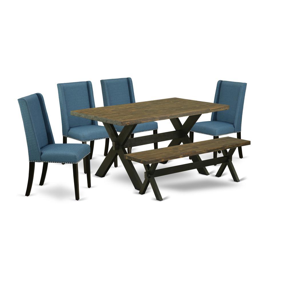 East West Furniture X676Fl121-6 6-Piece Awesome Kitchen Table Set An Outstanding Distressed Jacobean Kitchen Rectangular Table Top And Distressed Jacobean Wood Bench And 4 Excellent Linen Fabric Kitch