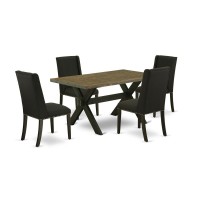 East West Furniture 5-Piece Dining Set Included 4 Dining Chair Upholstered Nail Head Seat And Stylish Chair Back And Rectangular Kitchen Dining Table With Distressed Jacobean Dining Table Top - Black