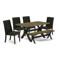East West Furniture 6-Pc Dining Table Set-Black Linen Fabric Seat And High Stylish Chair Back Dining Room Chairs, A Rectangular Bench And Rectangular Top Modern Dining Table With Hardwood Legs - Distr
