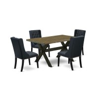 East West Furniture X676Fo624-5 5 Pc Dining Room Table Set Consists Of 4 Black Linen Fabric Dining Chairs With Nailheads And Distressed Jacobean Dining Table - Wire Brush Black Finish
