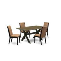 East West Furniture X676La147-5 5-Piece Beautiful Kitchen Table Set A Great Distressed Jacobean Kitchen Rectangular Table Top And 4 Stunning Linen Fabric Dining Room Chairs With Stylish Chair Back, Wi