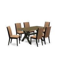 East West Furniture X676La147-7 7-Piece Beautiful Dining Set An Outstanding Distressed Jacobean Dining Table Top And 6 Stunning Linen Fabric Kitchen Chairs With Stylish Chair Back, Wire Brushed Black