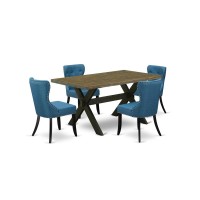 East West Furniture X676Si121-5 5-Piece Dining Set- 4 Parson Dining Room Chairs With Blue Linen Fabric Seat And Button Tufted Chair Back - Rectangular Table Top & Wooden Cross Legs - Distressed Jacobe